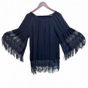 Bellissima Black Lightweight Fringe Crochet Blouse Size Small